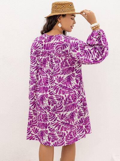 Plus Size Printed V-Neck Balloon Sleeve Mini Dress