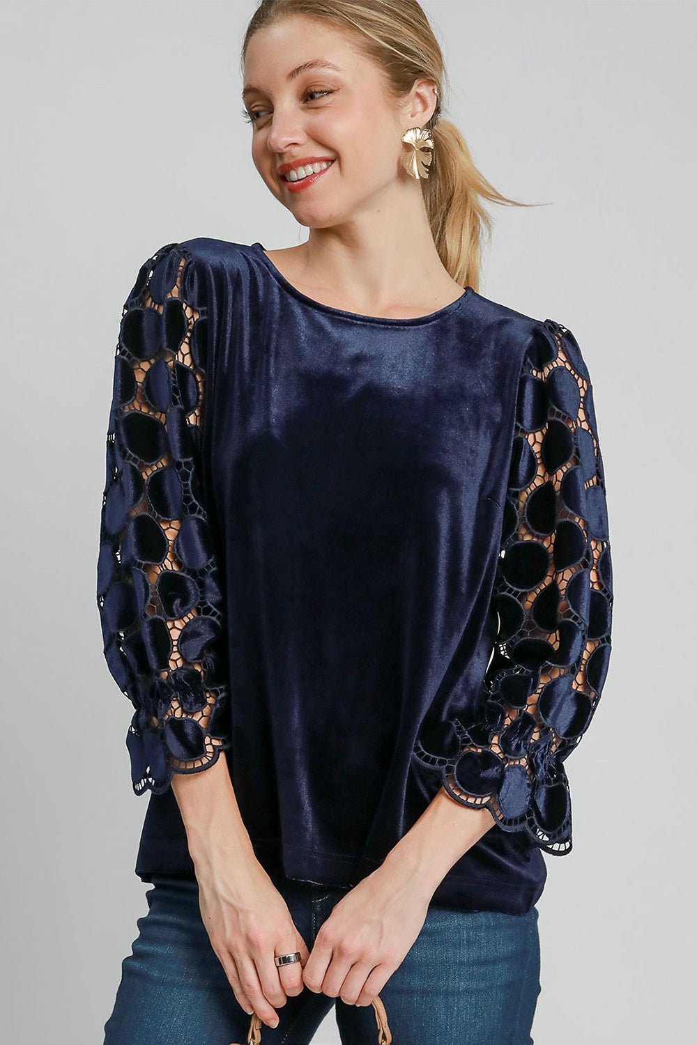 Umgee Polka Dot Lace Long Sleeve Round Neck Blouse - Clothes For Her Online Store