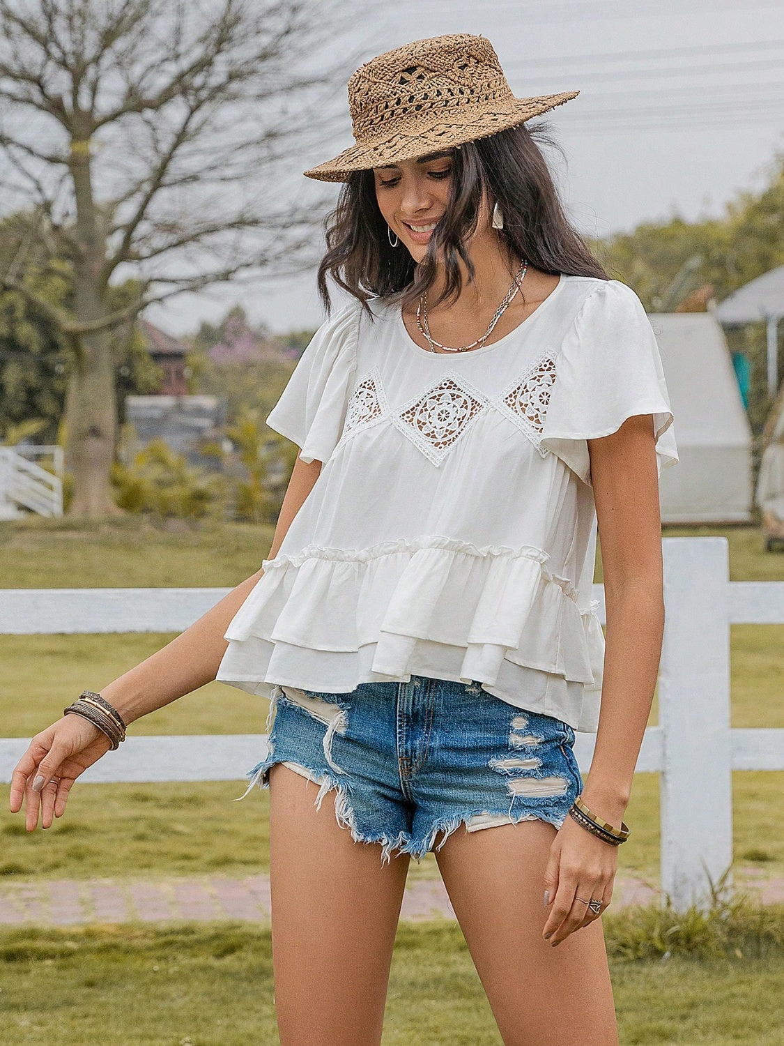 Layered Round Neck Flutter Sleeve Blouse