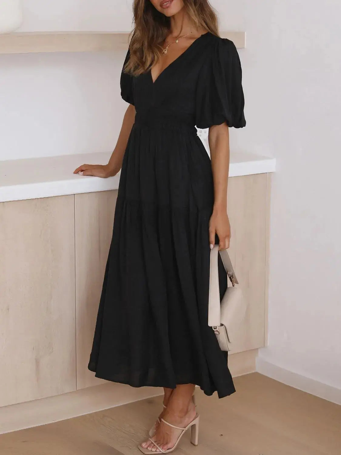 V-Neck Puff Sleeve Midi Dress - Clothes For Her Online Store