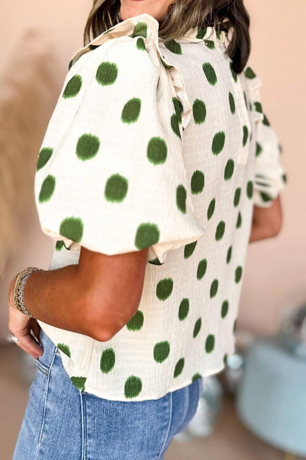 Polka Dot Shirred Yoke Notched Neck Puff Sleeve Blouse