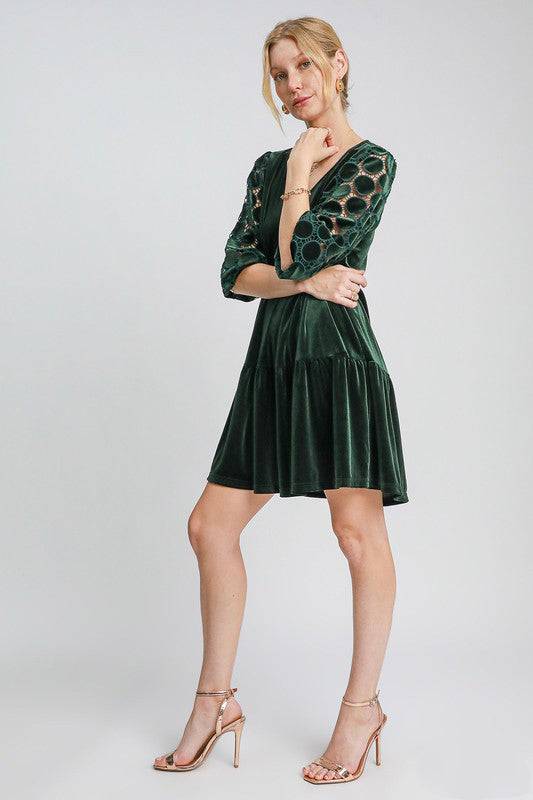 Umgee Dotted Lace Sleeve Tiered Velvet Mini Dress - Clothes For Her Online Store