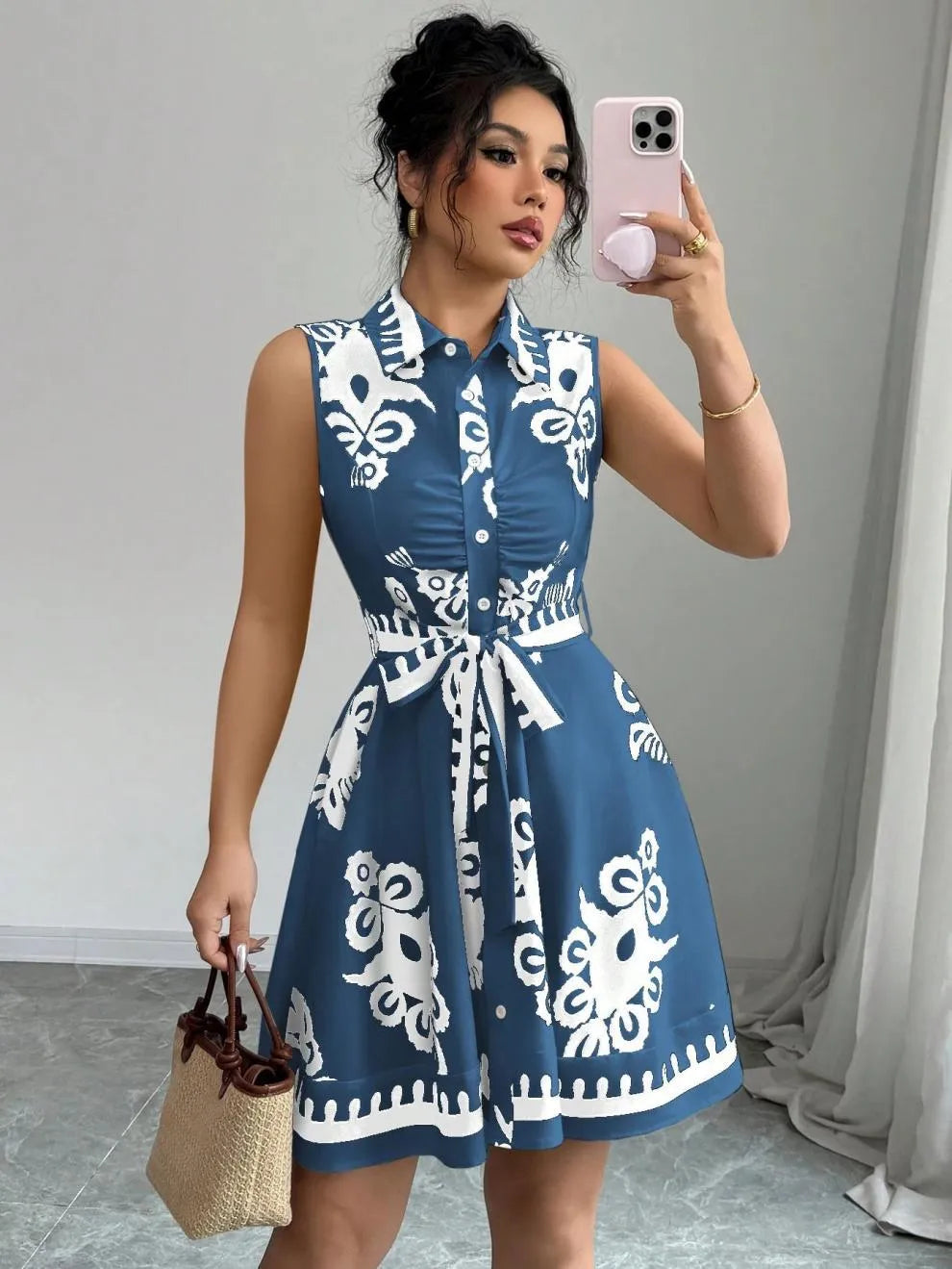 Printed Sleeveless Button Front Dress