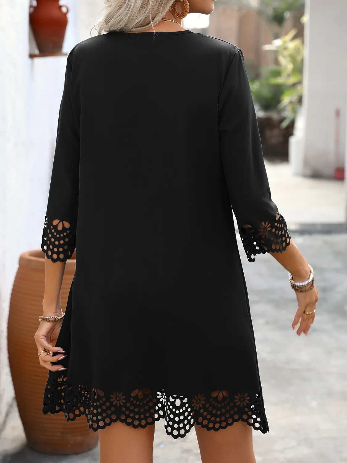 Cutout V-Neck Three-Quarter Sleeve Mini Dress