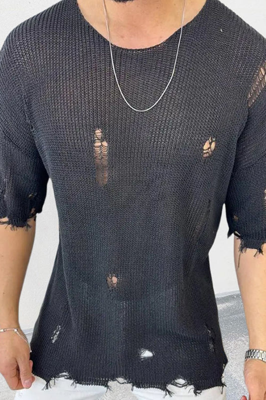 Men's Distressed Round Neck Knit Top - Clothes For Her Online Store
