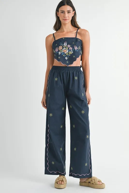 MABLE Linen Embroidered Scarf Top and Pants Set - Clothes For Her Online Store