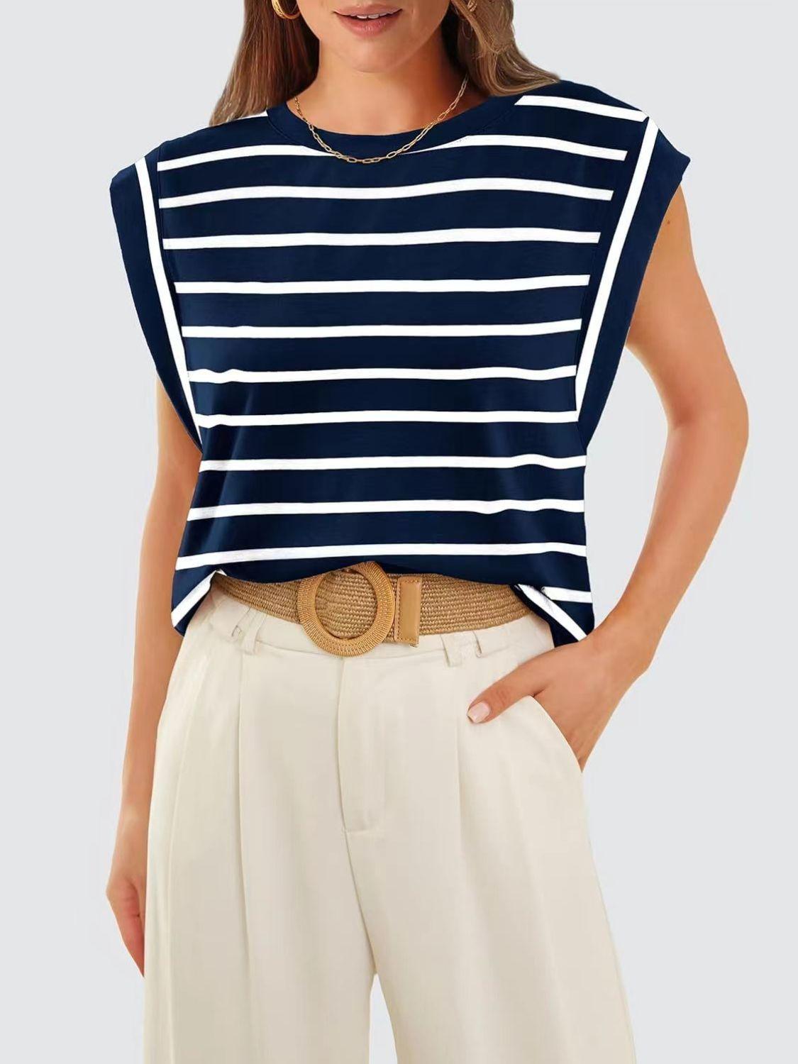 Florira Striped Round Neck Cap Sleeve T-Shirt