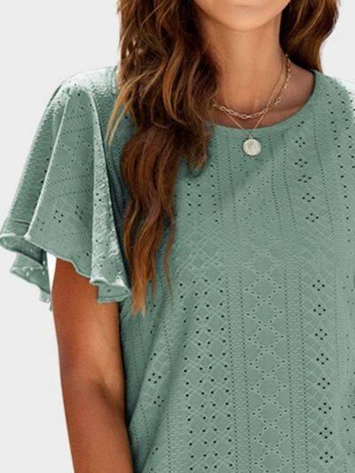 Mandy Eyelet Round Neck Flutter Sleeve Top