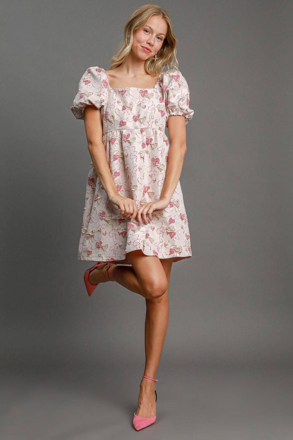 Umgee Heart Jacquard Square Neck Puff Sleeve Mini Dress - Clothes For Her Online Store