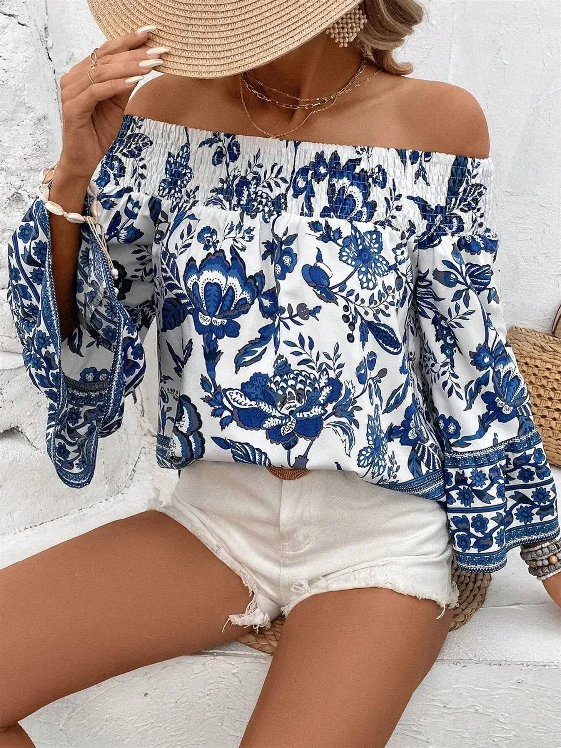 Smocked Printed Off-Shoulder Blouse