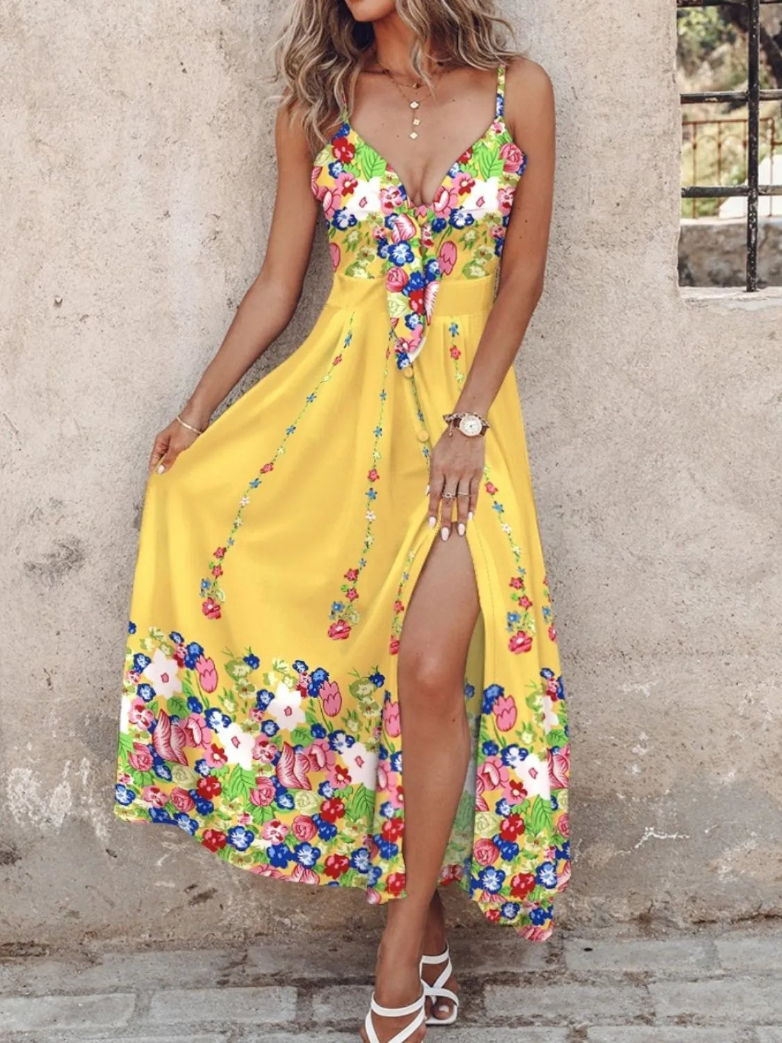 Feather Print Spaghetti Strap Split Dress