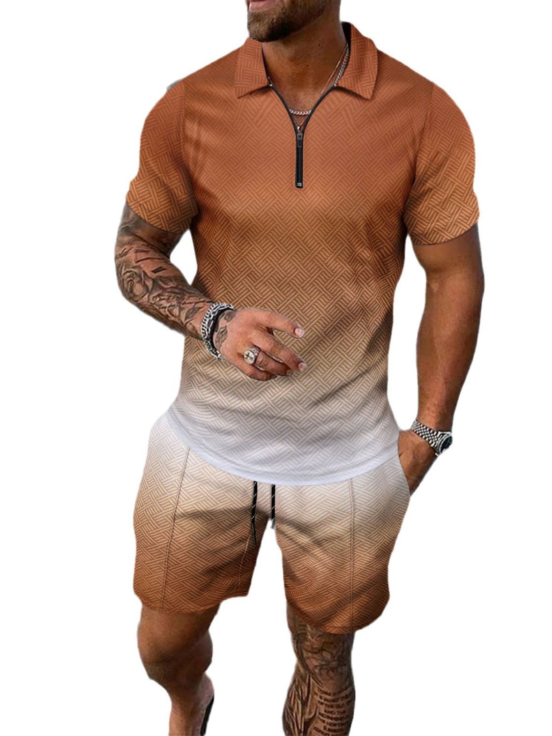 Men's Full Size Gradient Collared Neck Top and Shorts Set Plus Size - Clothes For Her Online Store
