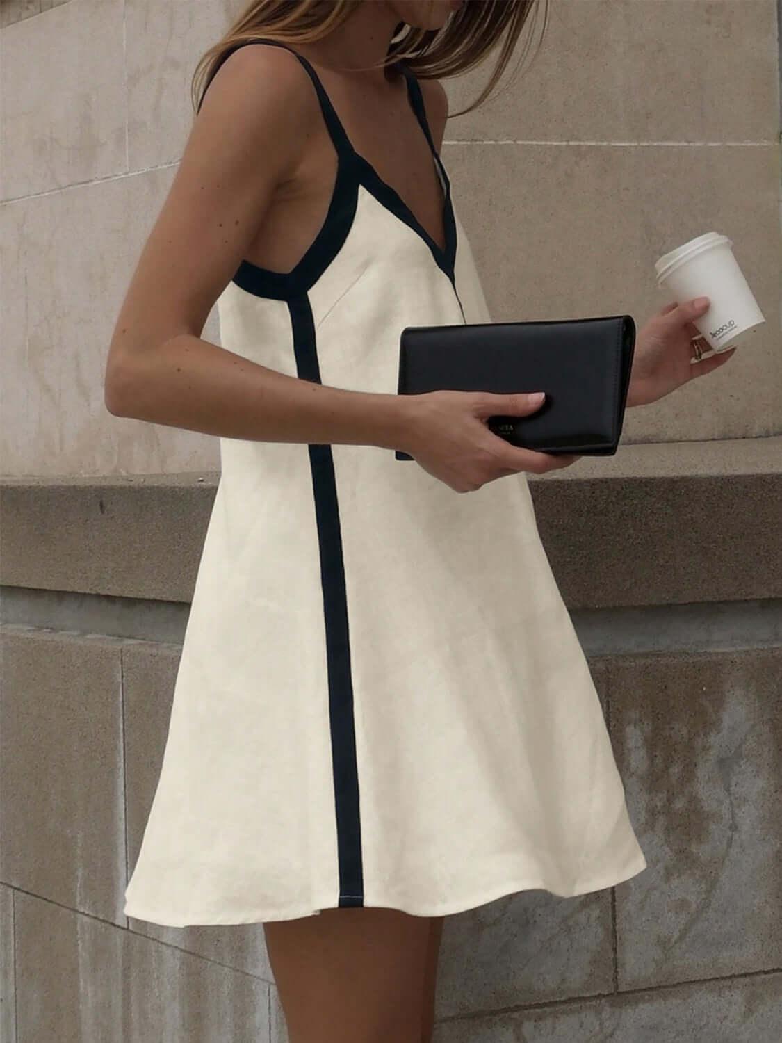Contrast Trim V-Neck Mini Cami Dress - Clothes For Her Online Store