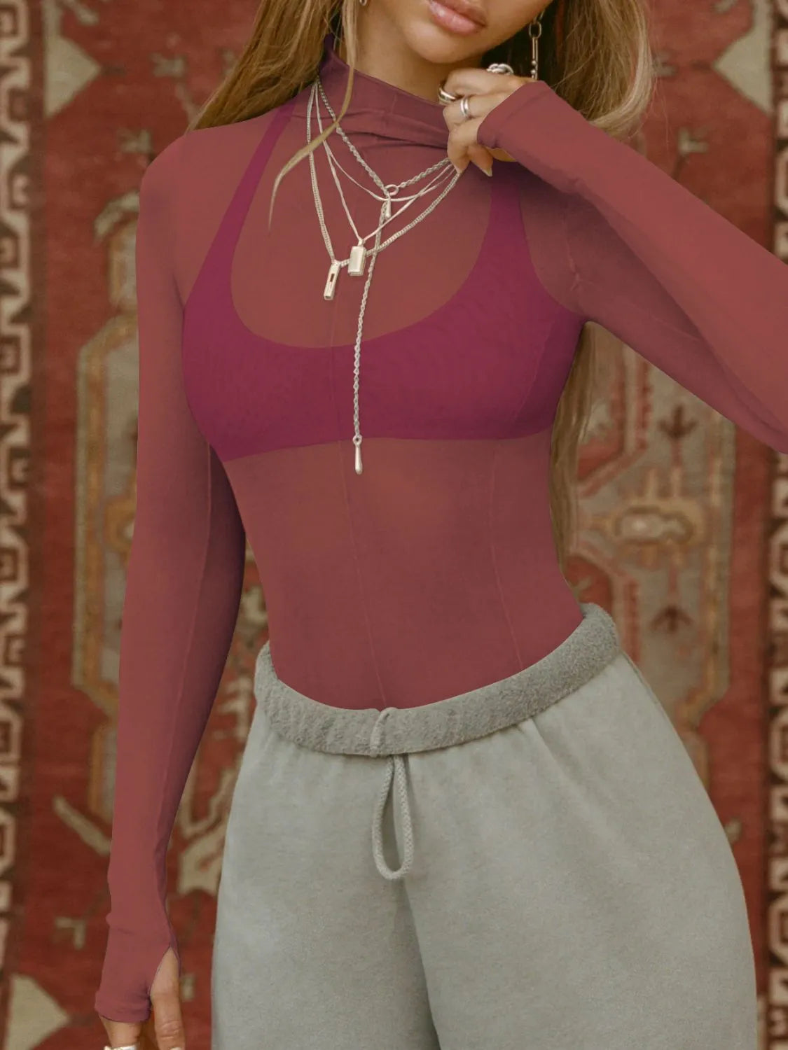 Mock Neck Long Sleeve Sheer Top