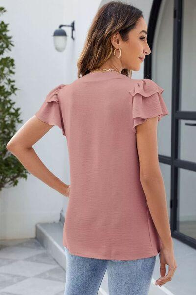 Ruffled Notched Short Sleeve Blouse - Clothes For Her Online Store