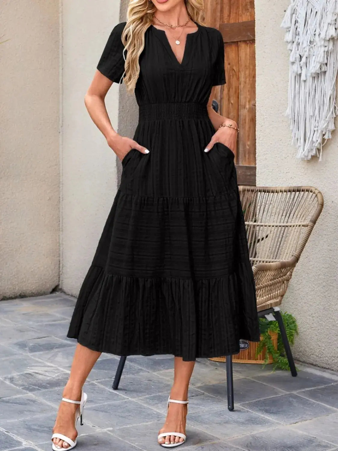 Tiered Notched Short Sleeve Dress - Clothes For Her Online Store