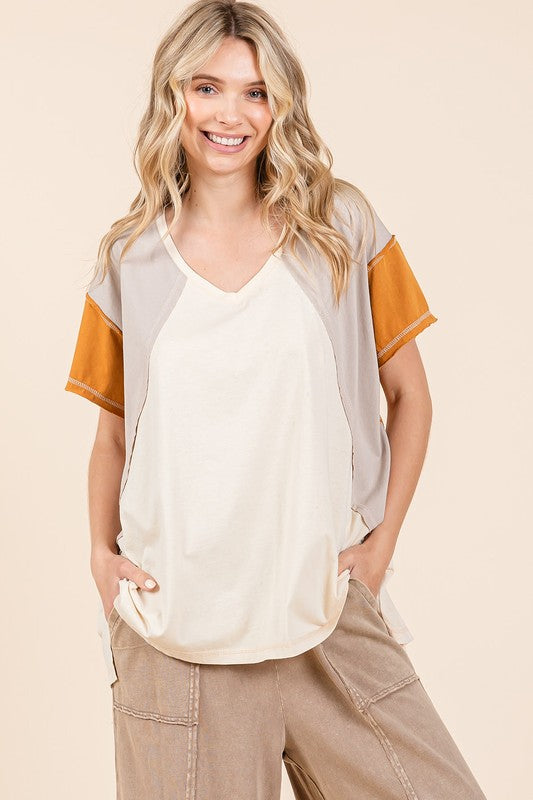 Mittoshop Color Block V-Neck Short Sleeve T-Shirt - Clothes For Her Online Store