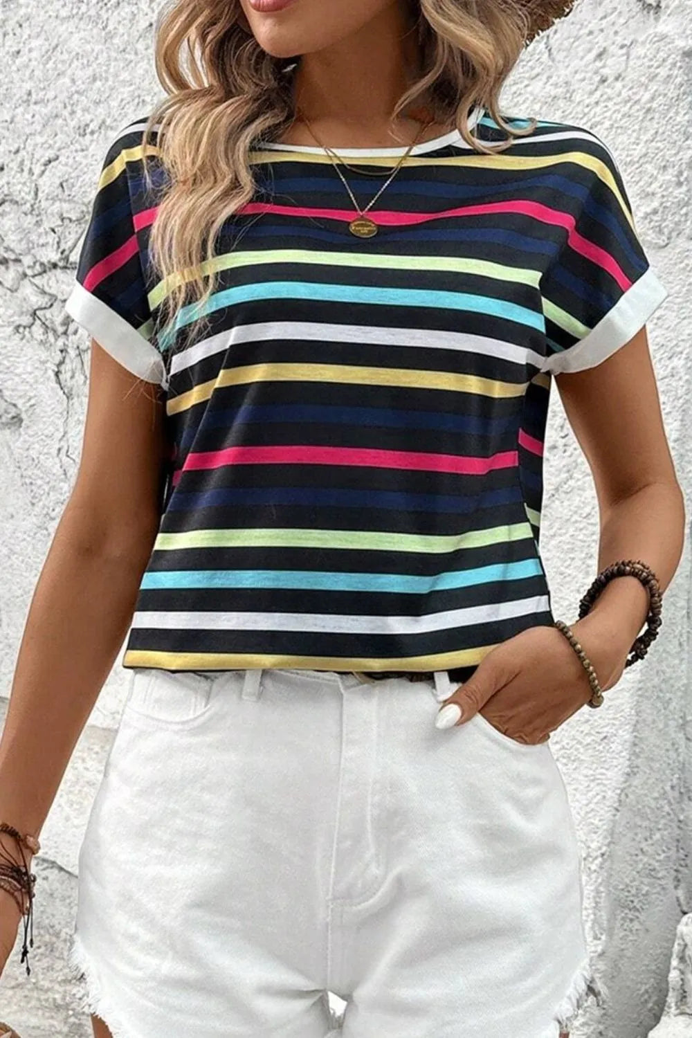 Colorful Striped Short Sleeve Casual T-Shirt