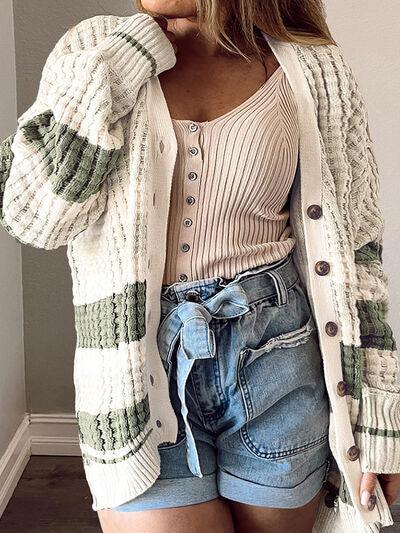 Plus Size Striped Button Up Dropped Shoulder Cardigan - Clothes For Her Online Store