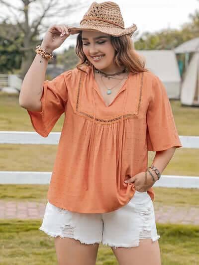 Plus Size Ruched Tie Neck Half Sleeve Blouse - Clothes For Her Online Store