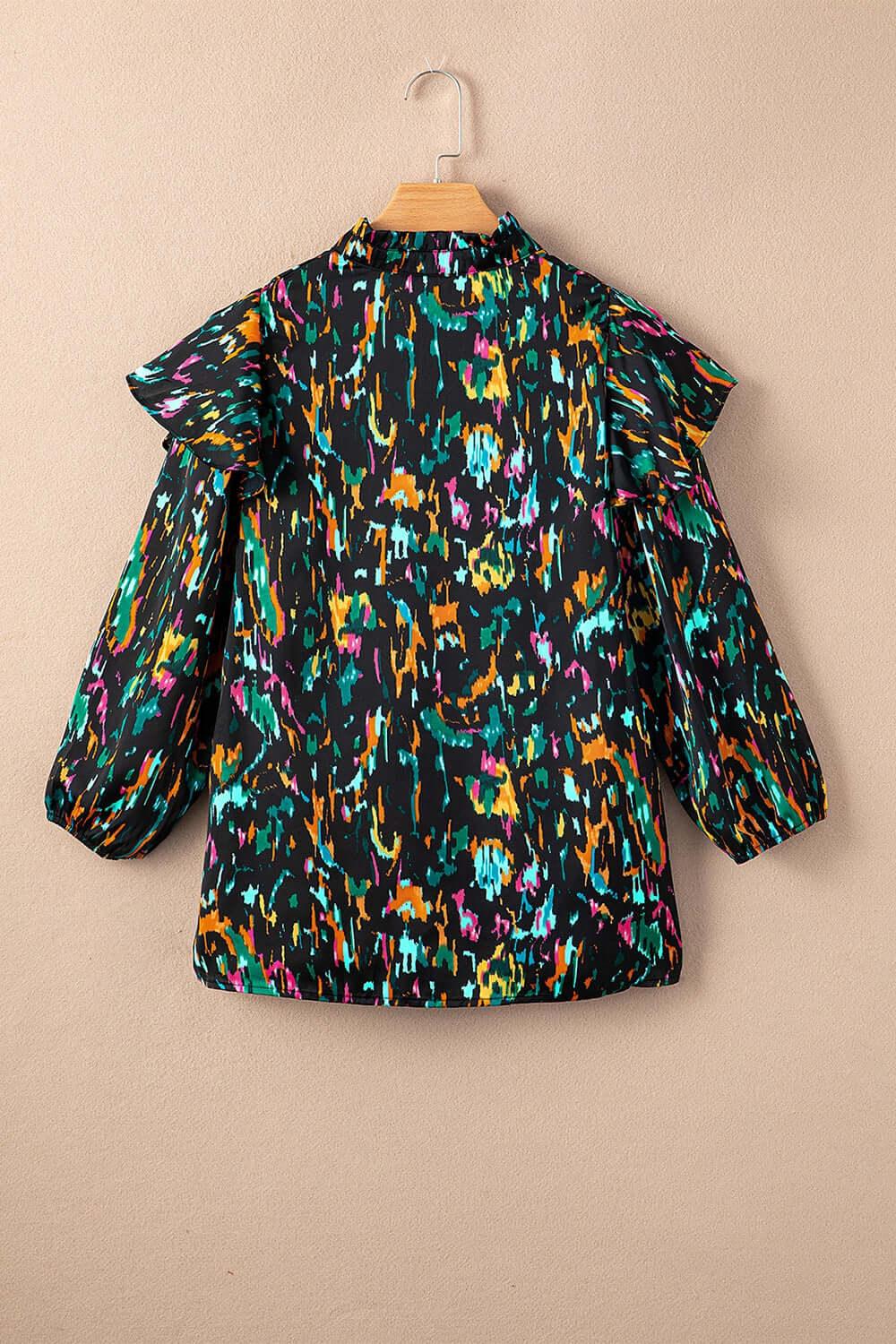 Abstract Print 3/4 Sleeve Ruffle Blouse