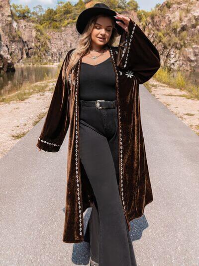 Plus Size Embroidery Open Front Long Sleeve Cardigan