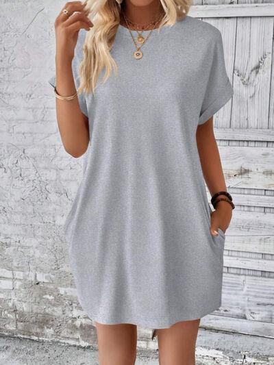 Round Neck Short Sleeve Mini Tee Dress with Pockets - Clothes For Her Online Store