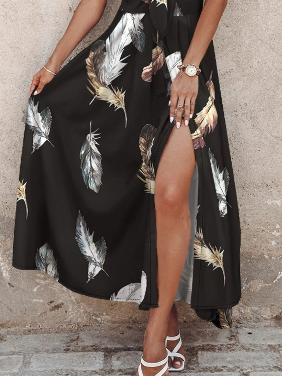 Feather Print Spaghetti Strap Split Dress