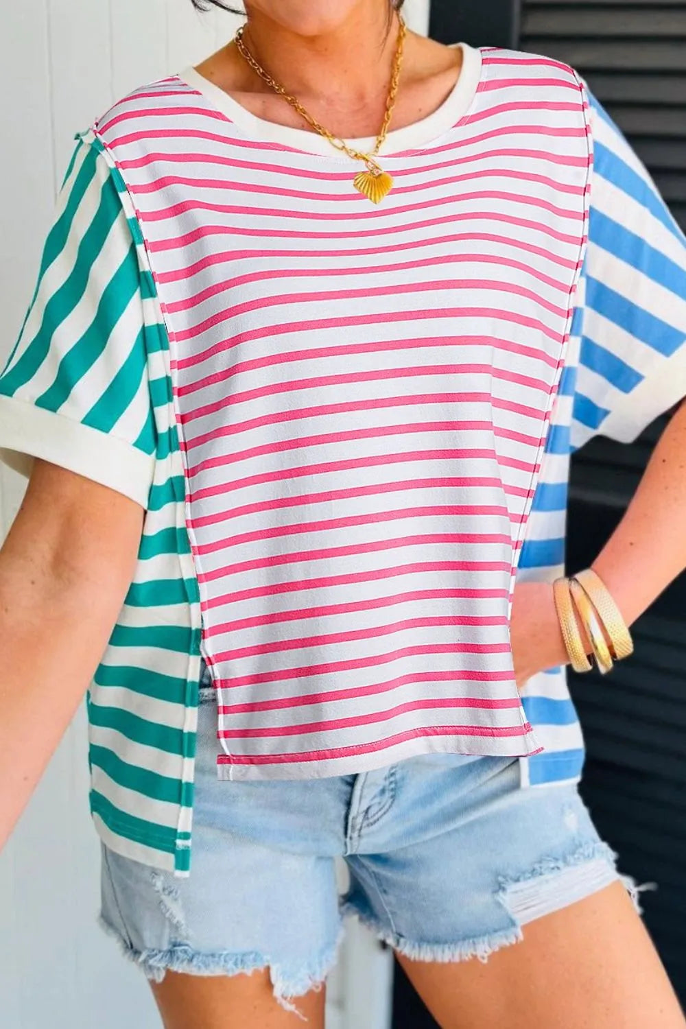 Color Block Striped Batwing Sleeve T-Shirt