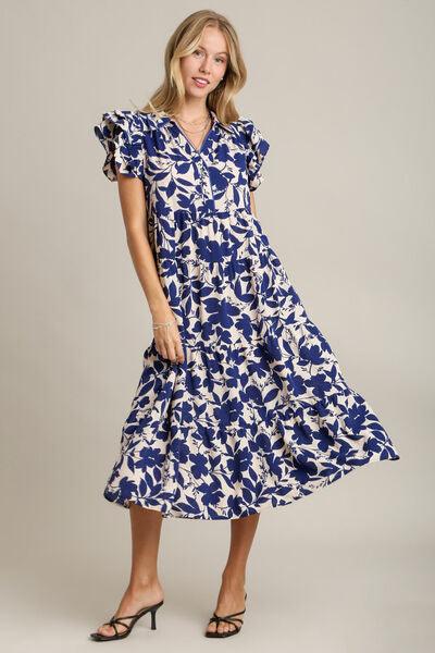 Umgee Full Size Floral Collared Ruffle Cap Sleeve Midi Dress Plus Size