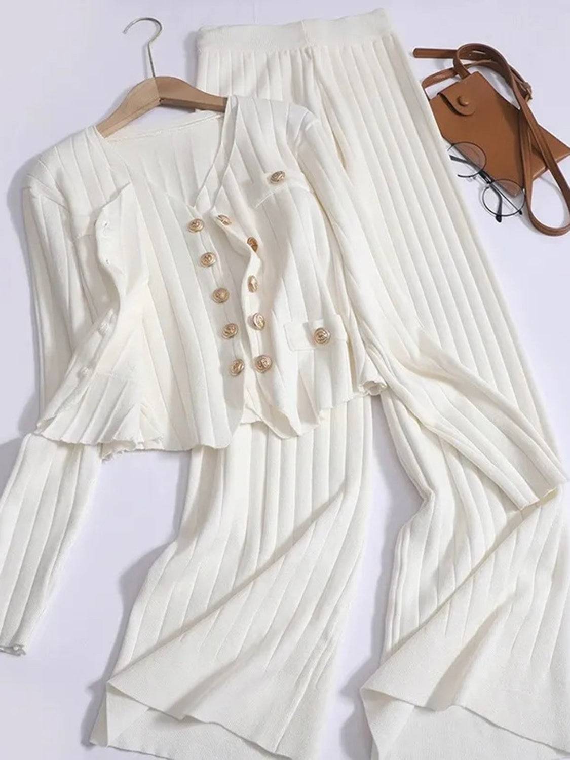 V-Neck Tank, Cardigan and Pants Three-Piece Sweater Set - Clothes For Her Online Store