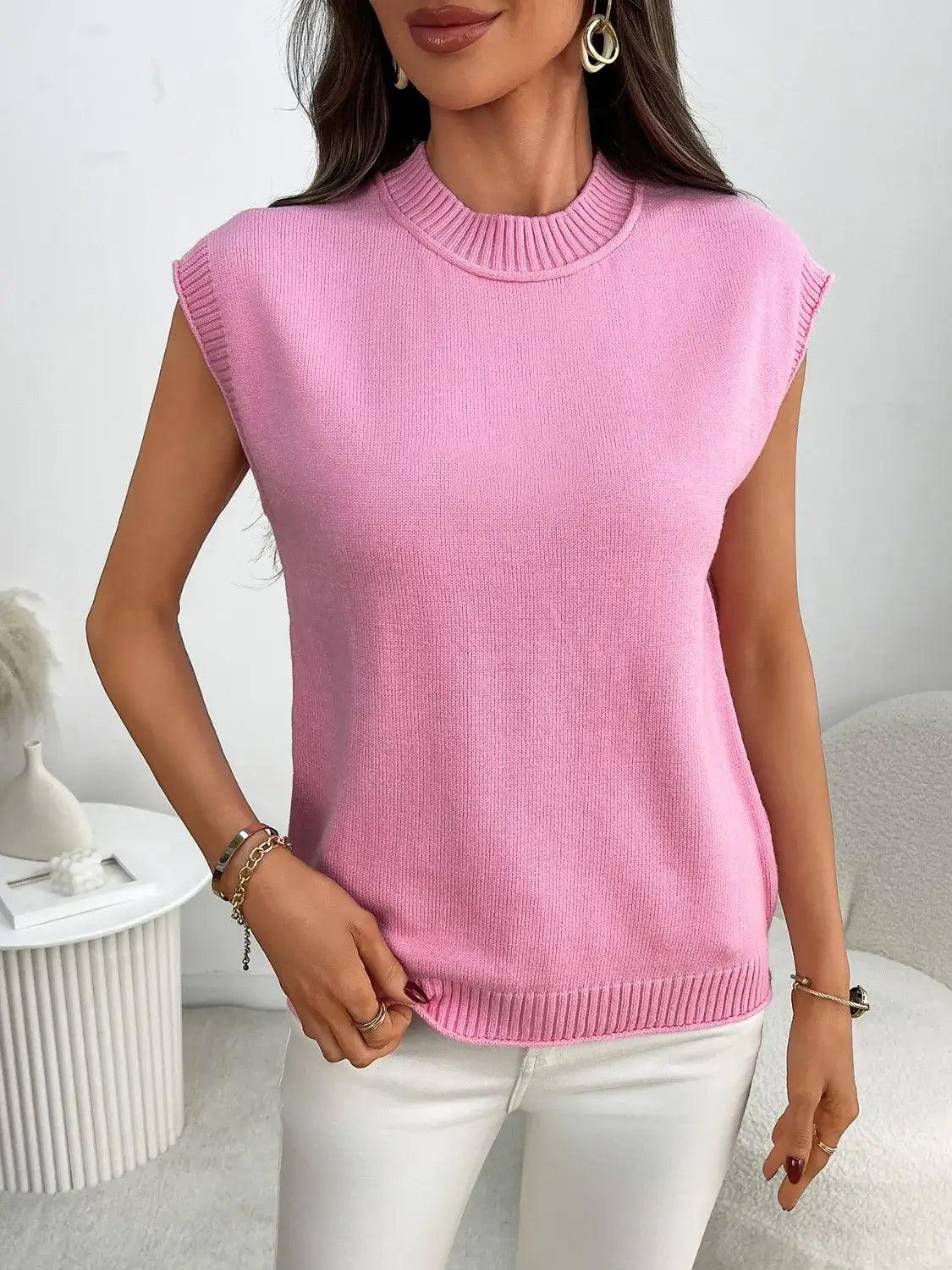 Mock Neck Cap Sleeve Knit Top
