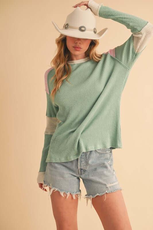 Aemi + Co Raw Seam Color Block Round Neck Knit Top