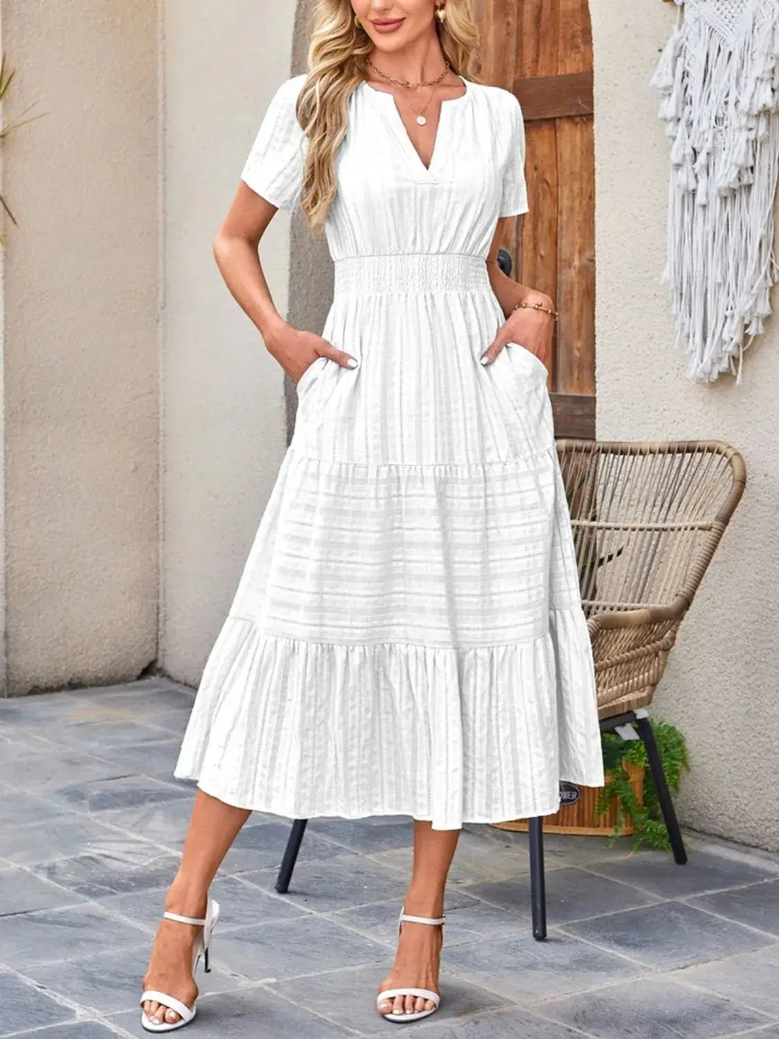 Tiered Notched Short Sleeve Dress - Clothes For Her Online Store