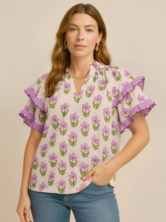 Umgee Floral Print Ruffle Short Sleeve Blouse