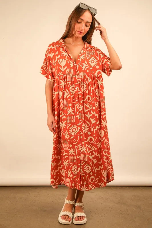 VERY J Full Size Oversized Printed Shirt Midi Dress Plus Size