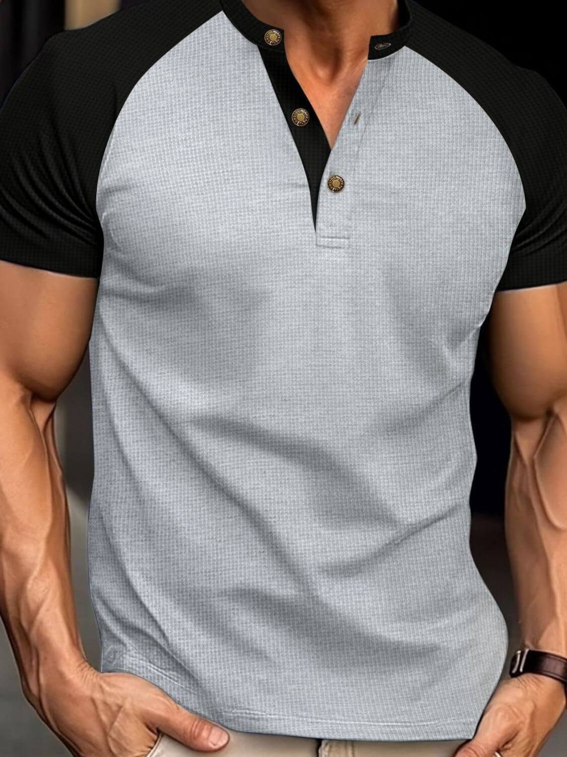 Men's Full Size Waffle-Knit Round Neck Contrast Polo Plus Size