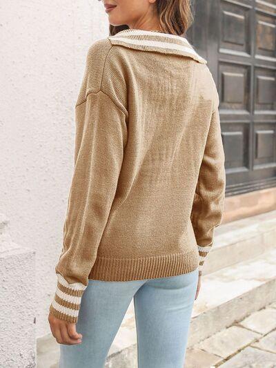 Striped Trim Drop Shoulder Sweater