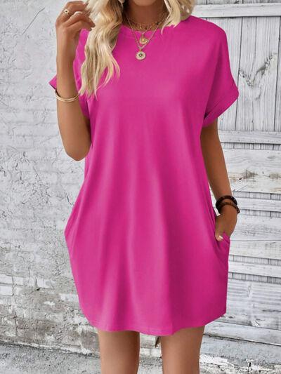 Round Neck Short Sleeve Mini Tee Dress with Pockets - Clothes For Her Online Store