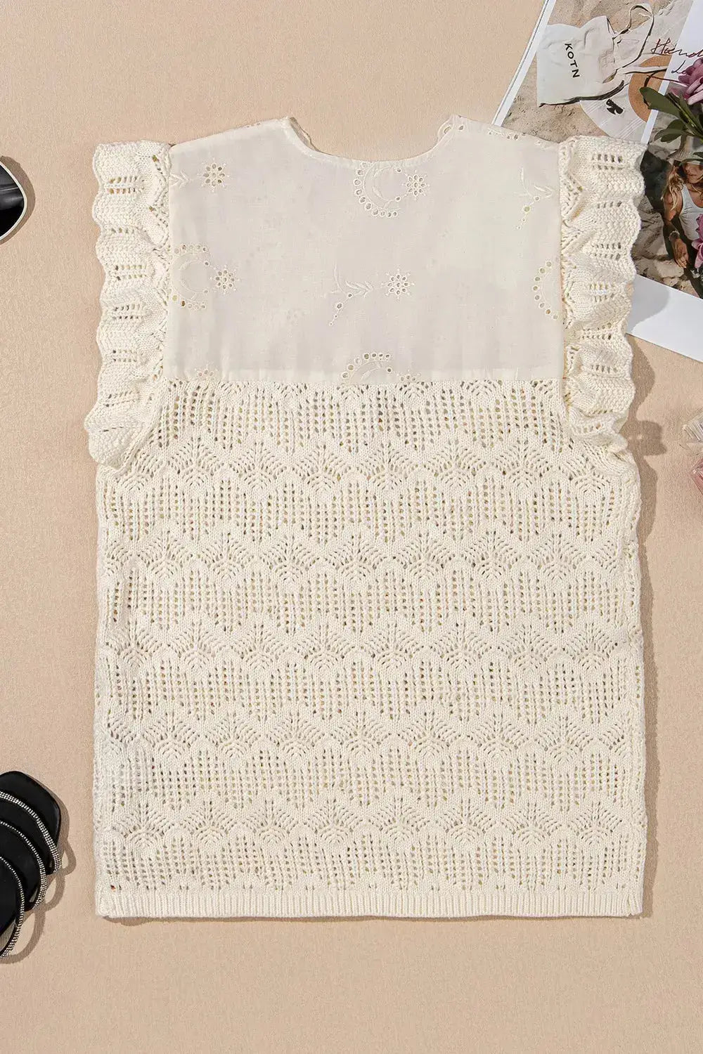 Embroidered Patchwork Hollow Out Knitted Ruffle Sweater Vest - Clothes For Her Online Store