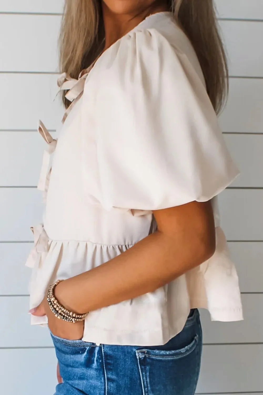 Bow Tie Short Puff Sleeve Ruffle Hem Blouse