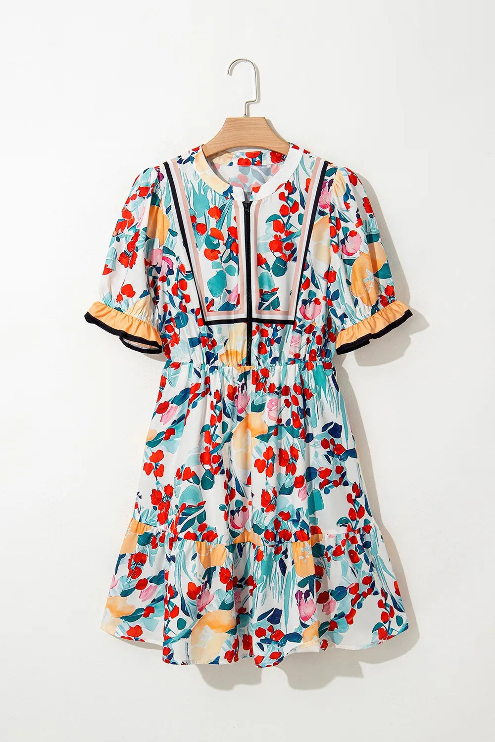 Floral Print Zipper Ruffled Short Sleeve High Waist Mini Dress