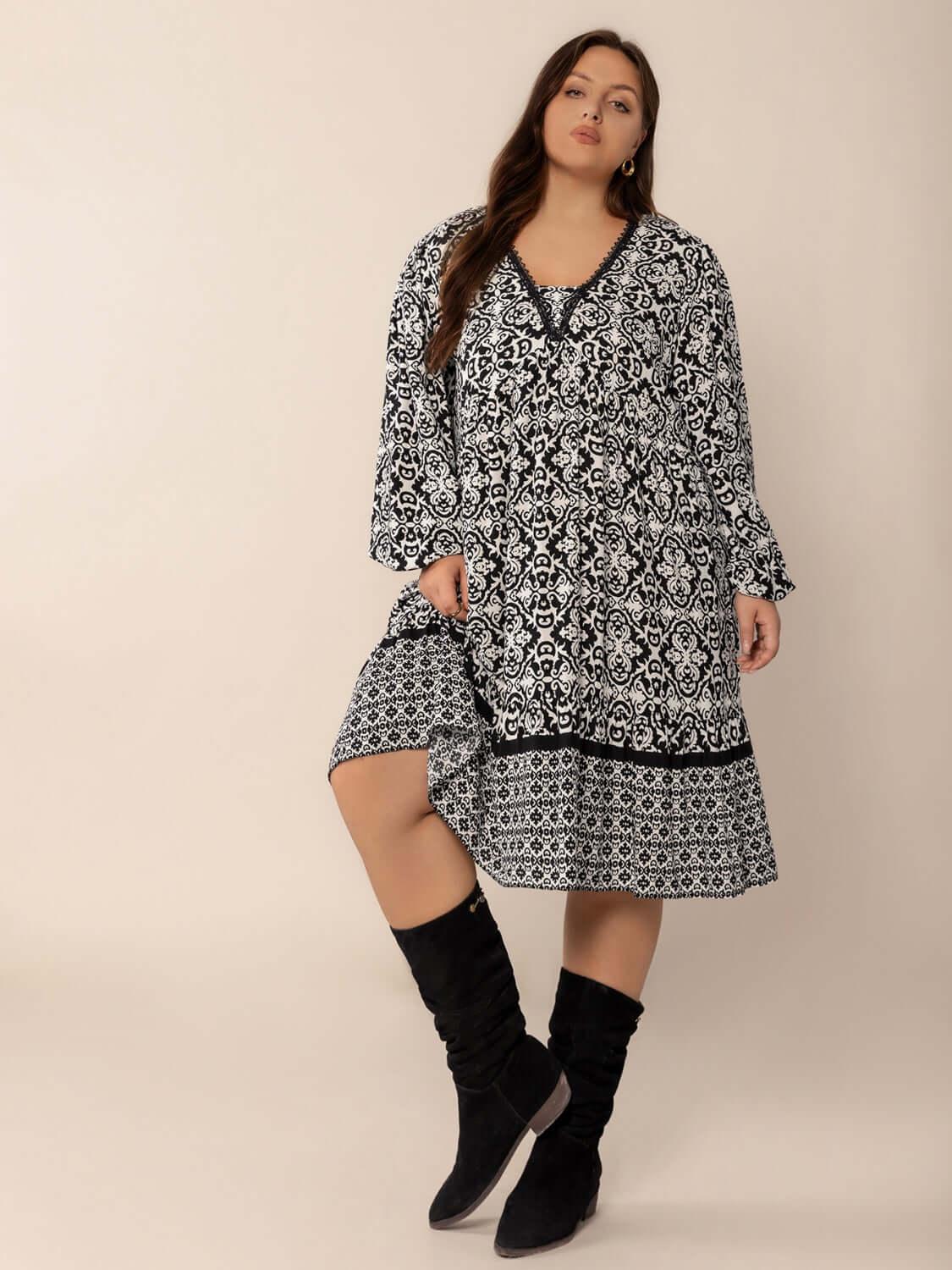 Plus Size Lace Detail Printed Balloon Sleeve Dress