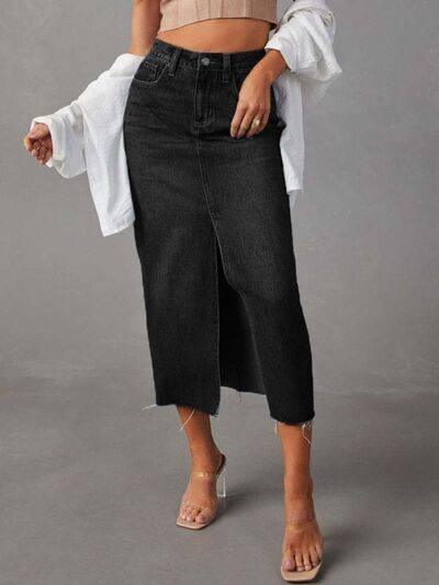 Raw Hem Front Slit Denim Midi Skirt