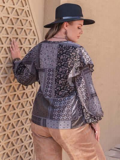 Plus Size Ruffled Printed Notched Long Sleeve Blouse - Clothes For Her Online Store