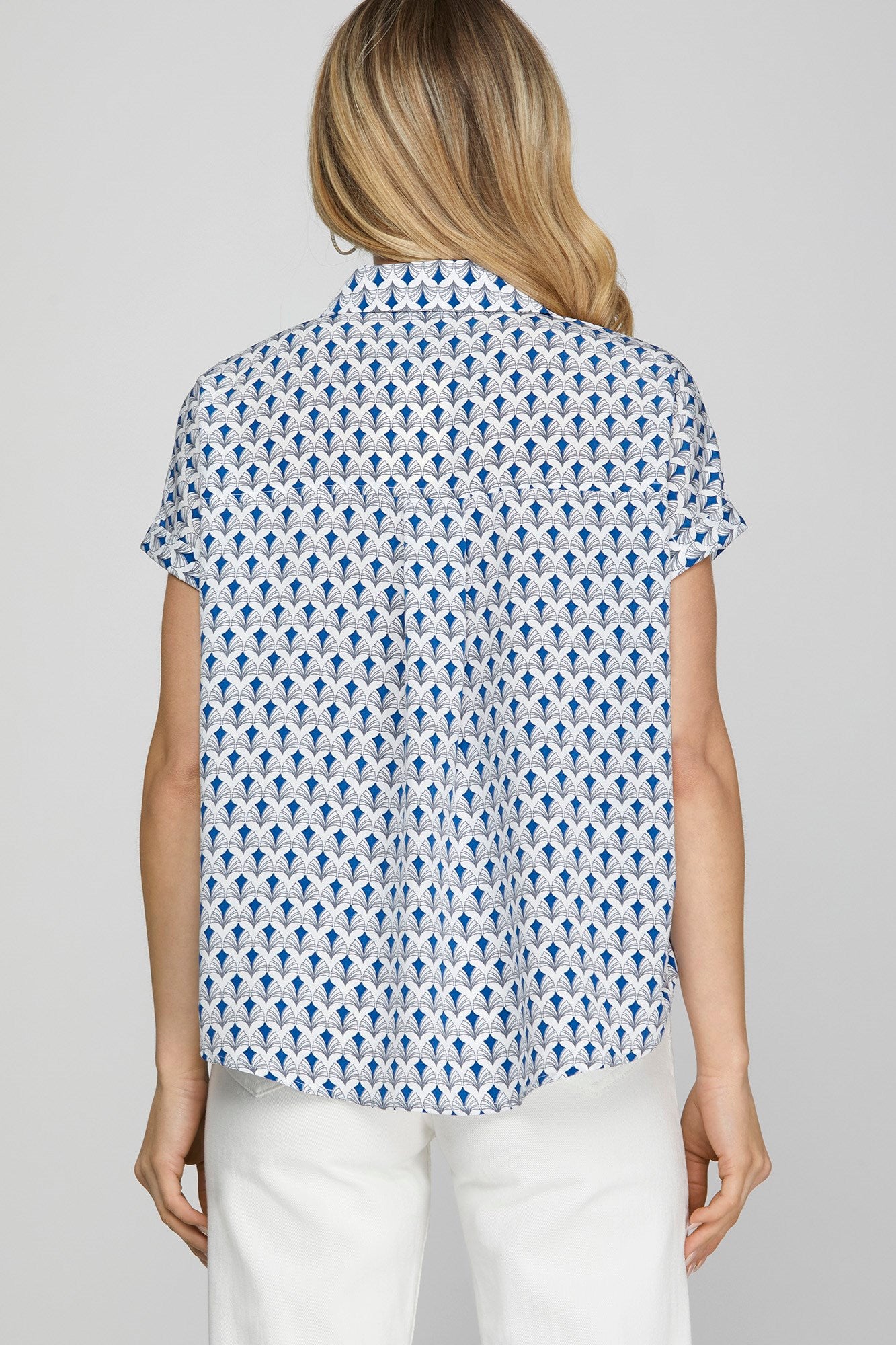 She + Sky Full Size Printed Johnny Collar Short Sleeve Blouse Plus Size - Clothes For Her Online Store