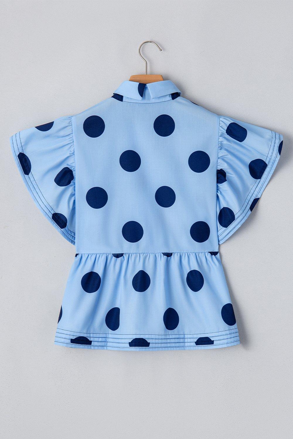 Polka Dot Print Ruffled Short Sleeve Buttoned Collared Blouse