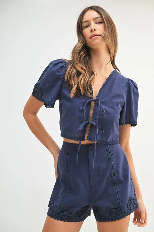 MABLE Crochet Lace Detail Crop Top and Shorts Set - Clothes For Her Online Store
