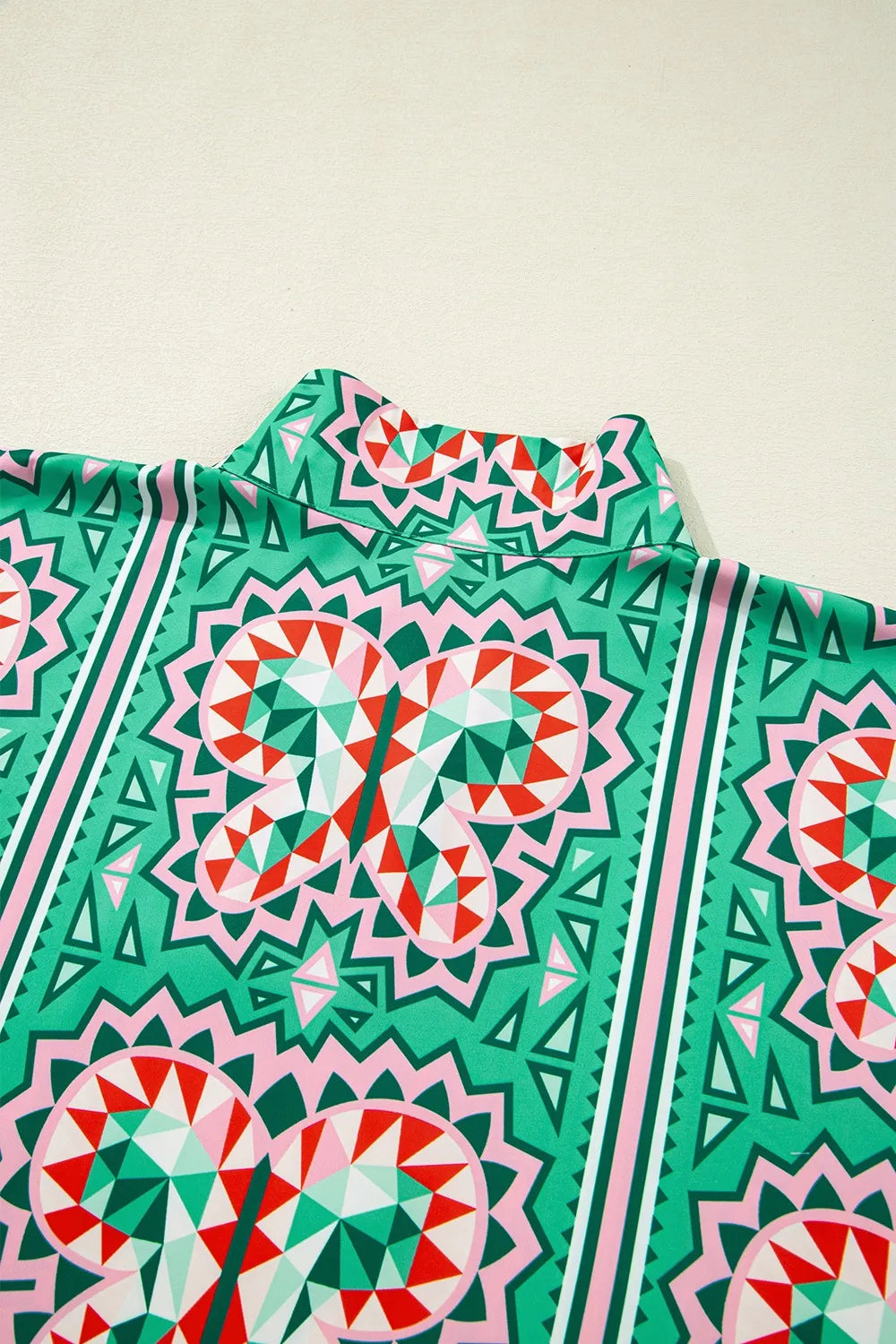 Boho Abstract Print Contrast Striped Collared V Neck Blouse
