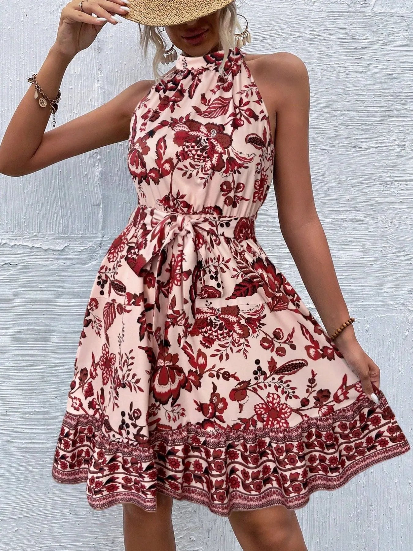 Floral Halter Neck Summer Dress with Belt